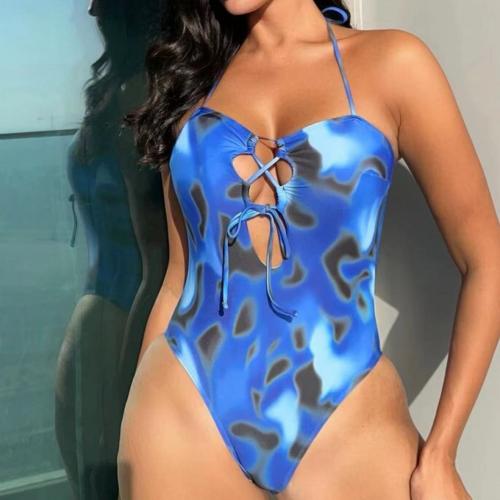 Spandex & Polyester One-piece Swimsuit & padded printed blue PC