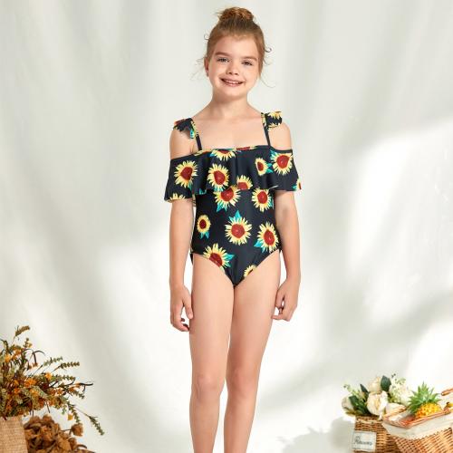 Spandex & Polyester scallop One-piece Swimsuit printed floral black PC
