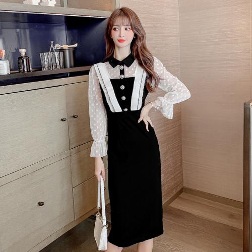 Polyester Slim Sexy Package Hip Dresses mid-long style patchwork white and black PC