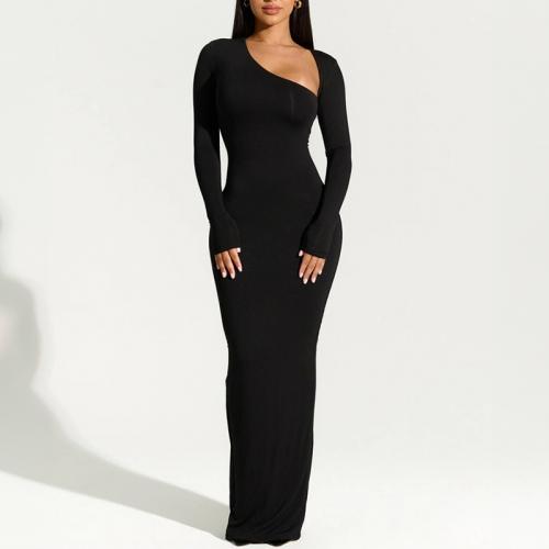 Spandex & Polyester long style & Step Skirt One-piece Dress back split patchwork Solid black PC