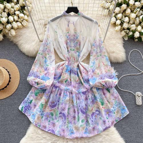 Polyester One-piece Dress, slimming & different size for choice, printed, floral, purple,  PC