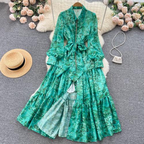 Polyester Slim One-piece Dress mid-long style printed PC
