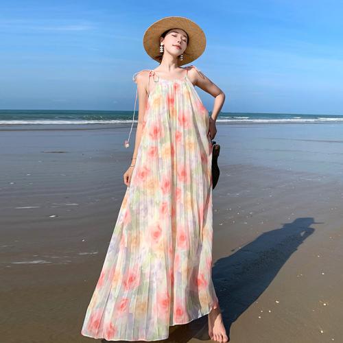 Chiffon Beach Dress double layer & off shoulder & loose printed floral PC