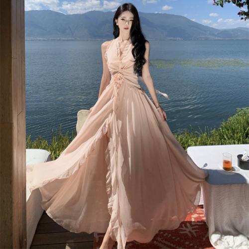 Chiffon front slit One-piece Dress large hem design & backless Solid pink PC