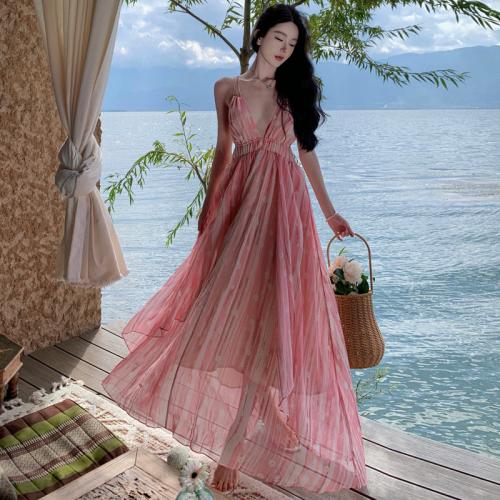 Chiffon One-piece Dress deep V & double layer & backless printed pink : PC