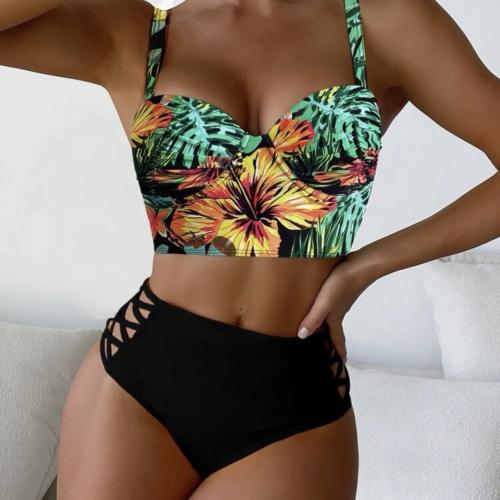 Spandex & Polyester Bikini & two piece & padded printed leaf pattern Set