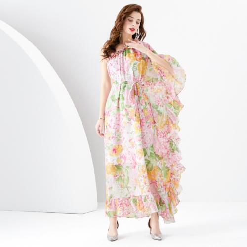 Polyester Waist-controlled & Soft & long style One-piece Dress slimming & off shoulder & One Shoulder printed floral PC