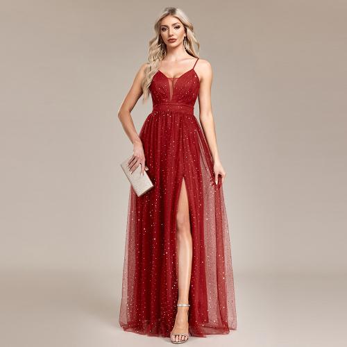 Sequin & Polyester Long Evening Dress see through look & side slit & off shoulder Solid red PC