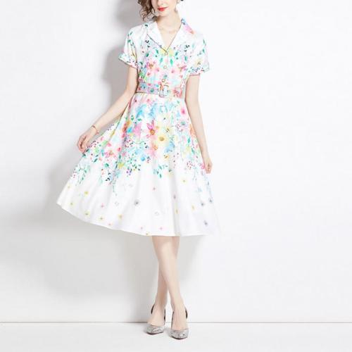 Chiffon & Polyester Waist-controlled One-piece Dress slimming printed white PC