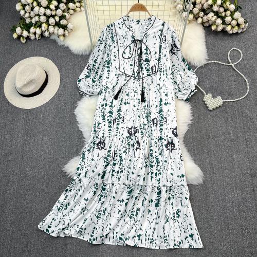 Polyester One-piece Dress mid-long style & loose printed white and green : PC