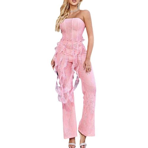 Spandex & Polyester Women Casual Set slimming & two piece & off shoulder Long Trousers & top pink Set