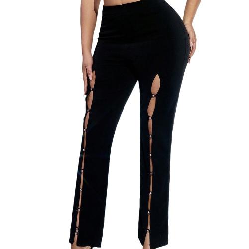 Spandex & Polyester Slim Women Long Trousers & hollow black PC