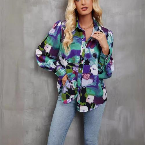 Polyester Soft Women Long Sleeve Shirt & loose & breathable printed PC