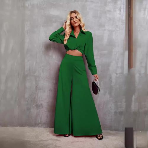 Polyester Wide Leg Trousers & Crop Top Women Casual Set & two piece Solid Set