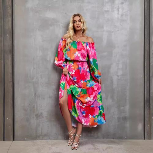 Polyester Waist-controlled One-piece Dress, large hem design & different size for choice & off shoulder, printed, floral, more colors for choice,  PC