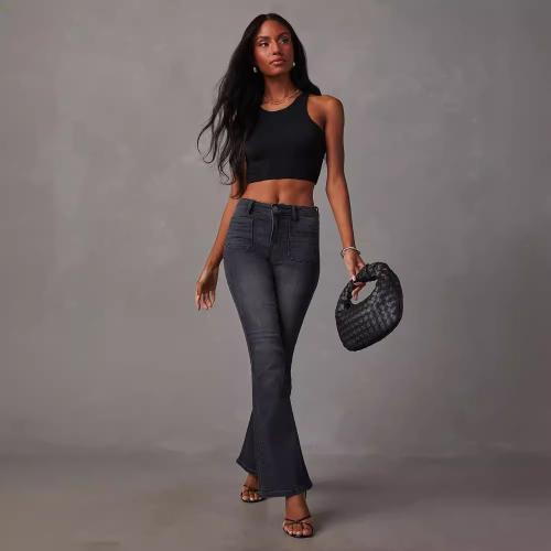 Denim bell-bottom & High Waist Women Jeans slimming Solid black PC