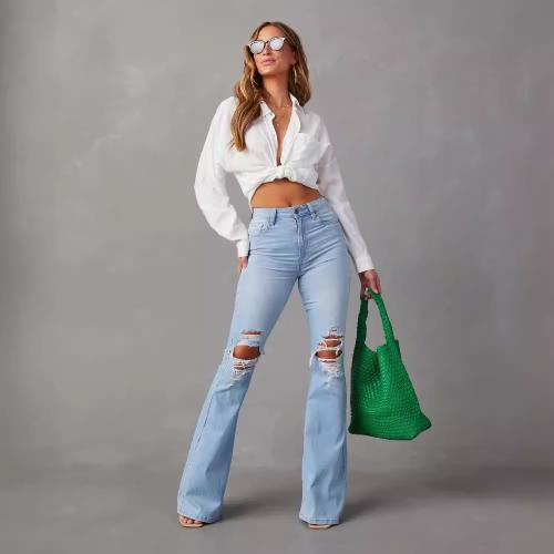 Denim Wide Leg Trousers & Ripped & High Waist Women Jeans, different size for choice, Solid, light blue,  PC