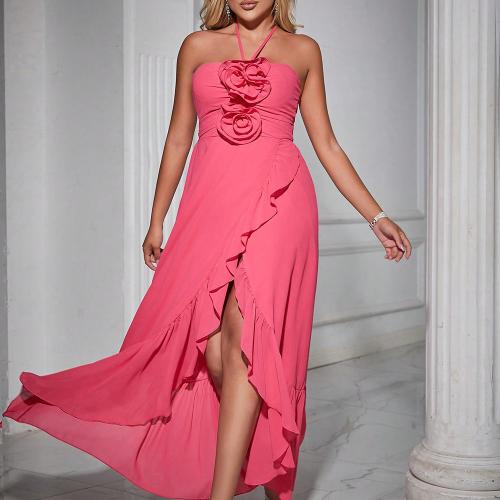 Polyester Long Evening Dress & short front long back & off shoulder Solid pink PC