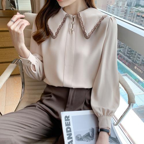 Chiffon & Polyester Women Long Sleeve Shirt & loose Apricot PC
