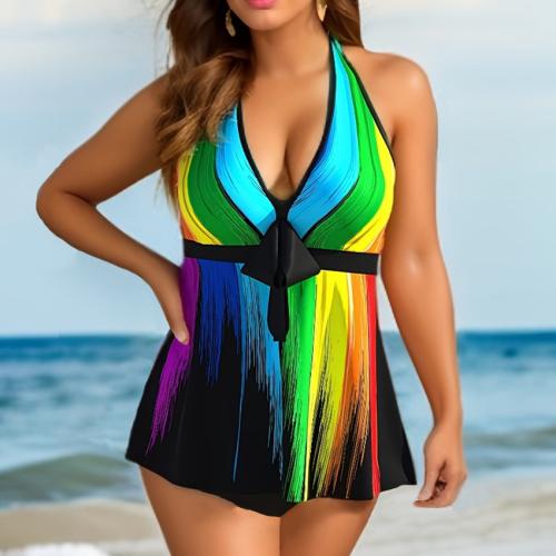 Polyester Plus Size One-piece Swimsuit & padded printed multi-colored PC