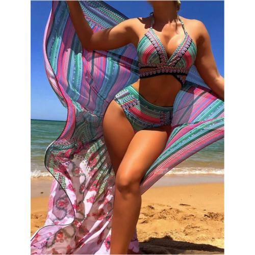 Spandex & Polyester Bikini & three piece & with sun protection shawl & padded printed geometric Set