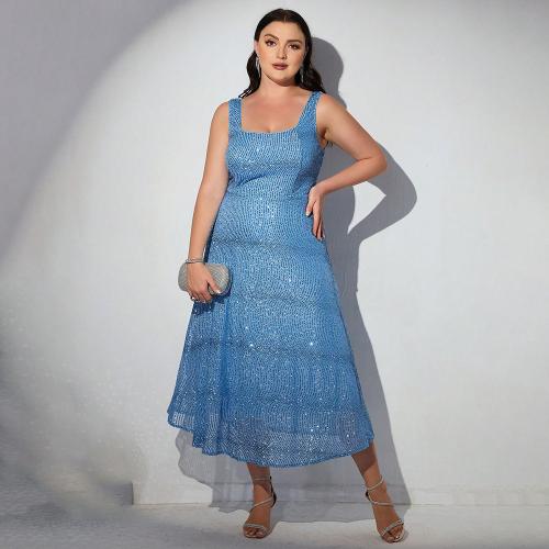 Sequin & Polyester Long Evening Dress double layer & backless Solid blue PC