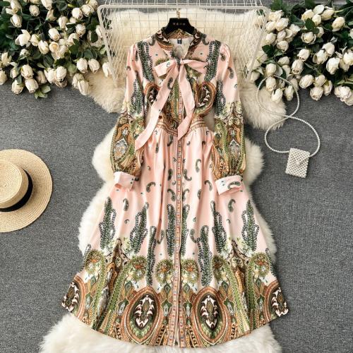 Mixed Fabric Waist-controlled & Soft One-piece Dress mid-long style & slimming printed mixed pattern mixed colors PC