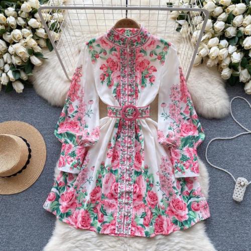Mixed Fabric Waist-controlled & Soft One-piece Dress slimming printed floral PC