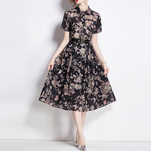 Polyester Waist-controlled One-piece Dress slimming printed black PC