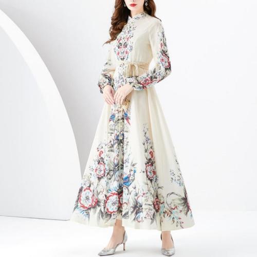 Chiffon Waist-controlled & Plus Size One-piece Dress slimming printed Apricot PC