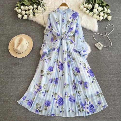 Polyester Slim One-piece Dress large hem design & mid-long style printed floral : PC