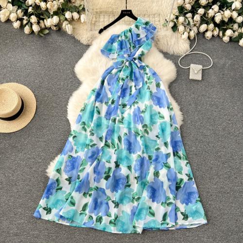 Polyester Slim One-piece Dress mid-long style printed floral PC