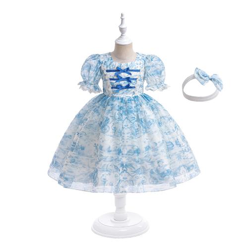 Polyester Soft Girl One-piece Dress Cute & breathable Polyester printed shivering blue PC