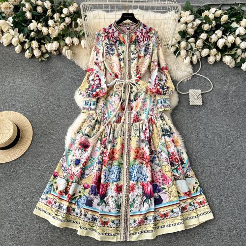 Mixed Fabric Waist-controlled One-piece Dress mid-long style & slimming printed floral mixed colors PC