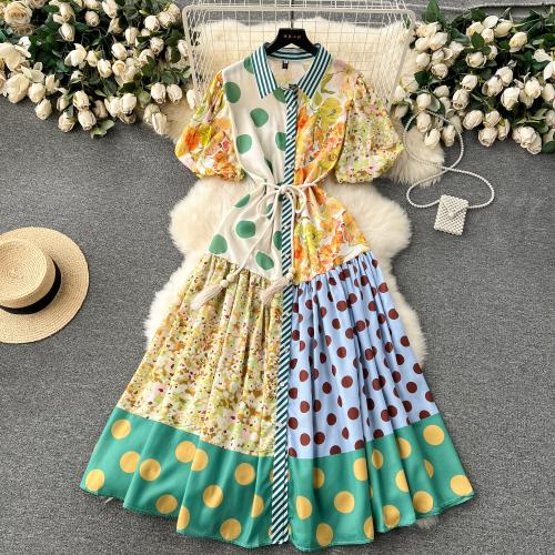 Mixed Fabric Waist-controlled One-piece Dress large hem design & mid-long style & slimming printed mixed pattern mixed colors PC