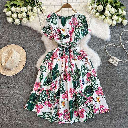Polyester Waist-controlled One-piece Dress large hem design & mid-long style & slimming printed floral mixed colors PC