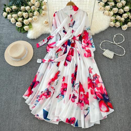 Polyester Waist-controlled & long style One-piece Dress large hem design & slimming printed floral PC