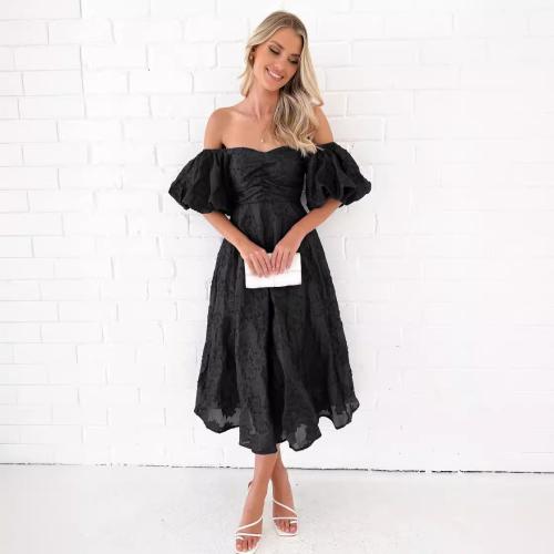 Polyester One-piece Dress double layer & off shoulder & loose Solid PC
