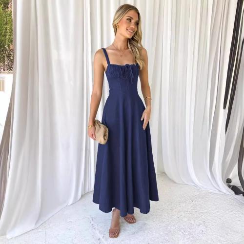 Polyester One-piece Dress backless & loose Solid Navy Blue PC