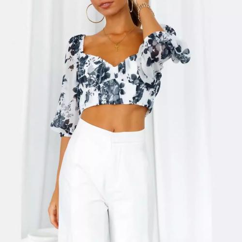 Polyester Women Short Sleeve Blouses midriff-baring & backless printed shivering PC