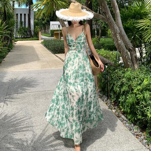 Polyester Slim Slip Dress, different size for choice & hollow, printed, leaf pattern, green,  PC
