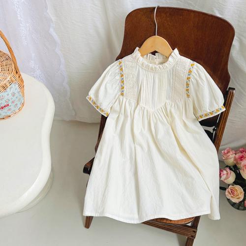 Cotton Girl One-piece Dress & breathable patchwork Solid Ivory White PC