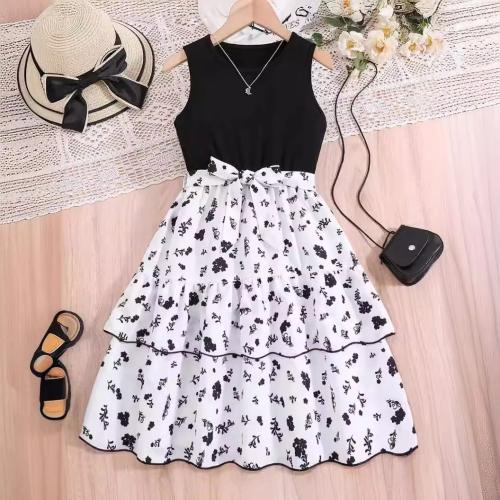 Polyester scallop Girl One-piece Dress patchwork shivering black PC