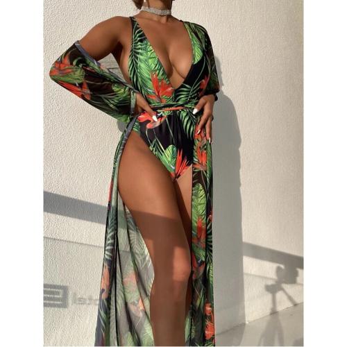 Polyester One-piece Swimsuit backless printed leaf pattern Set