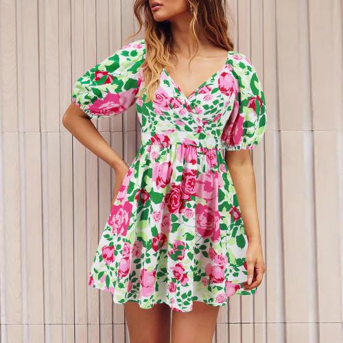 Polyester One-piece Dress slimming & deep V printed PC