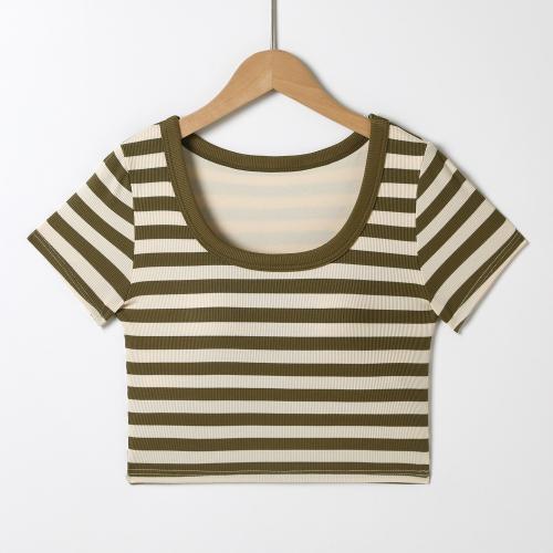Polyester Soft Women Short Sleeve T-Shirts midriff-baring & breathable printed striped PC