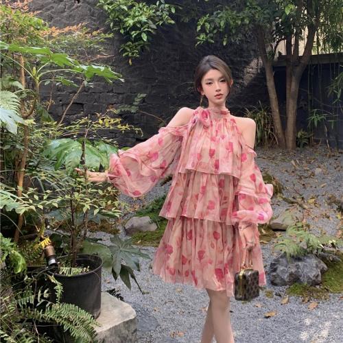Polyester Slim One-piece Dress & off shoulder printed shivering pink PC