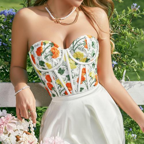 Polyester Slim Camisole midriff-baring & tube embroidered floral white PC