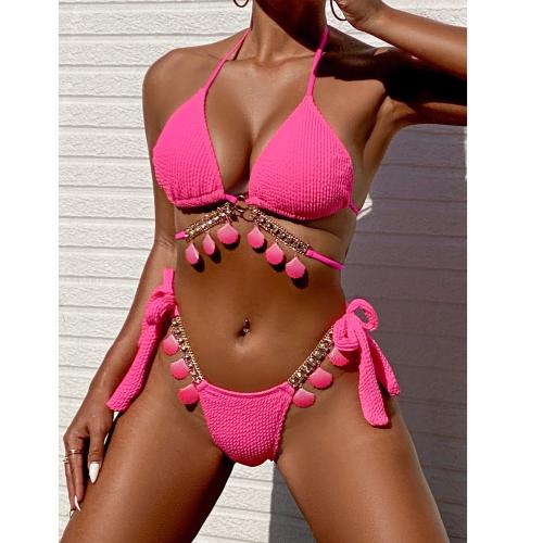 Polyester Bikini patchwork Solid pink Set