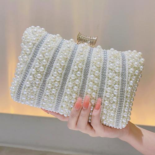 Plastic Pearl & Polyester Evening Party Clutch Bag with chain Solid white PC